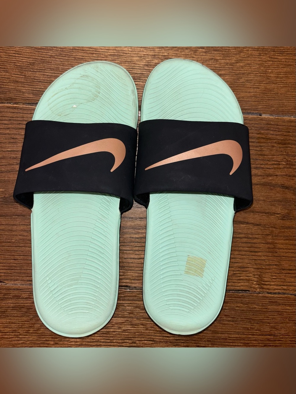 Nike Kids Mint Green and Black Slide Sandals with Rose Gold Swoosh
